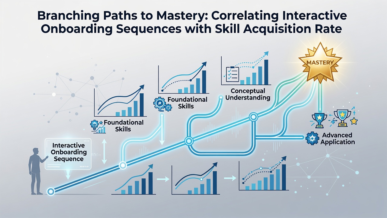 Graph displaying skill acquisition curves comparing linear versus branching onboarding sequences over time in strategy game environments