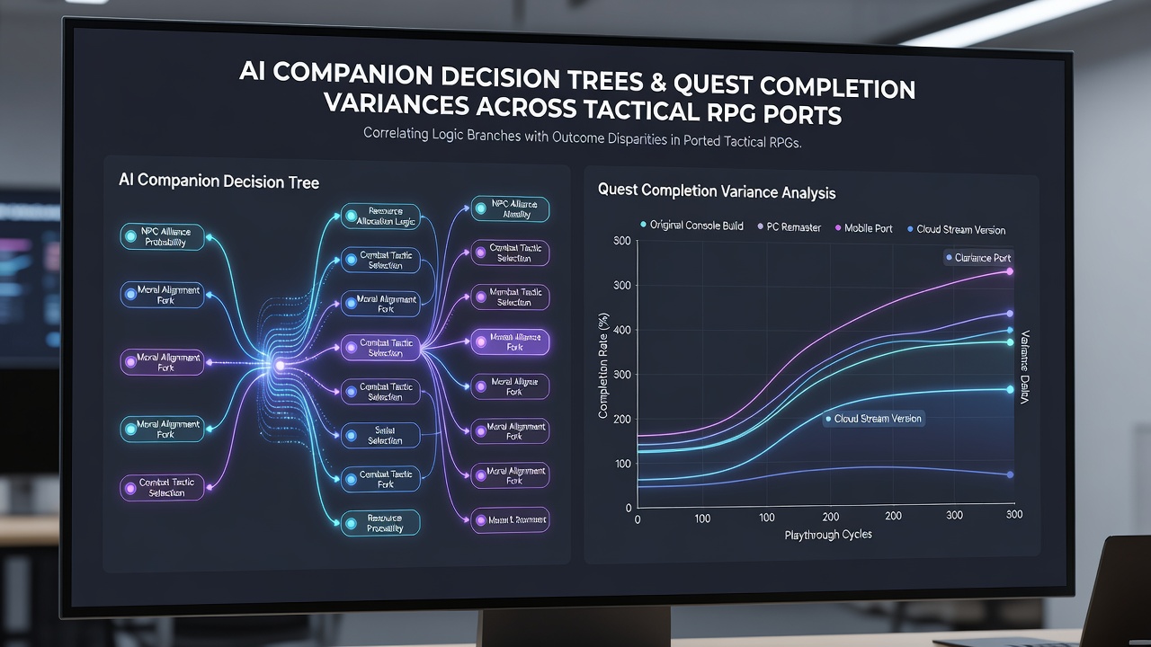 Charts displaying quest completion variance percentages correlated with AI decision tree depth across PC, console, and handheld platforms