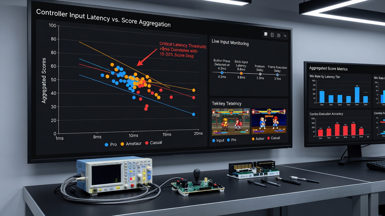 Close-up view of input latency graphs overlaid on fighting game match footage displaying score metrics and controller response times