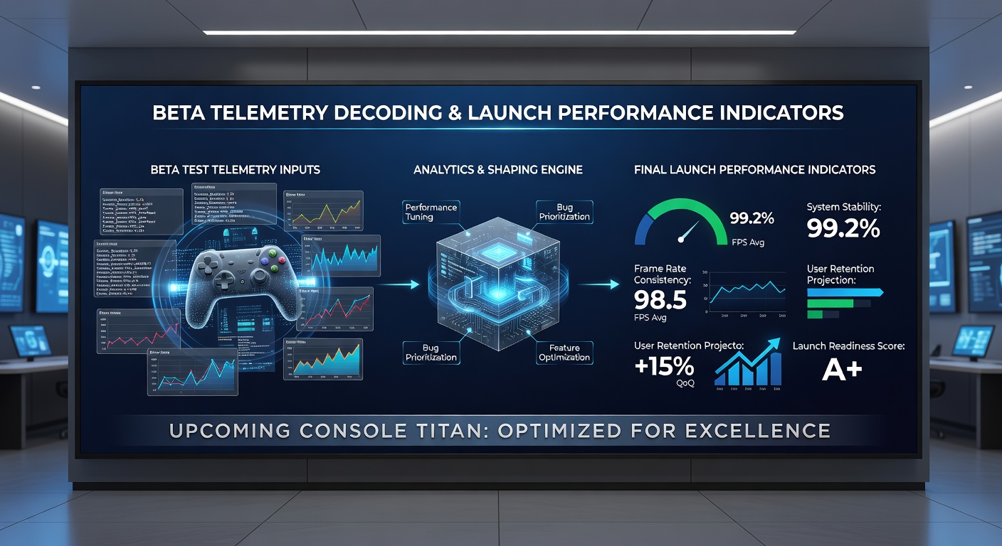 Console development team reviewing beta telemetry reports and adjusting game parameters for launch optimization