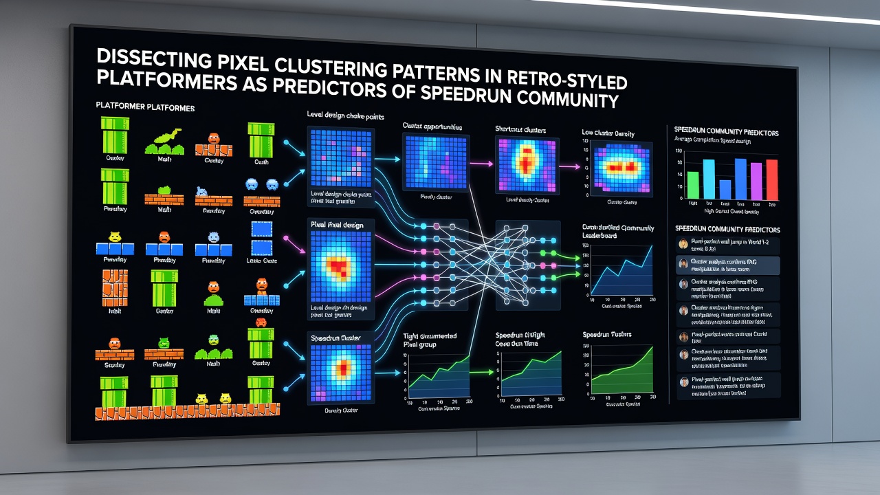 Speedrun community growth charts overlaid on pixel art level maps from multiple storefront releases