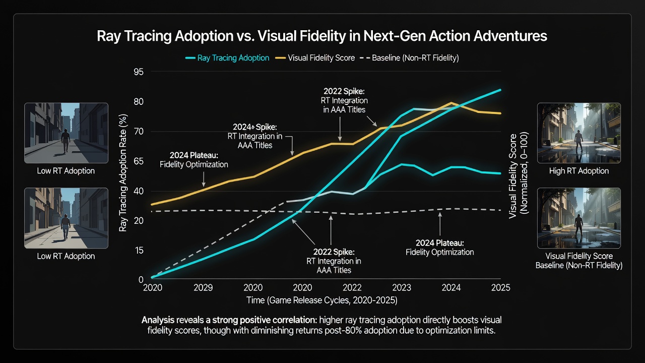 Comparison chart of visual fidelity scores in action adventure games with and without ray tracing features