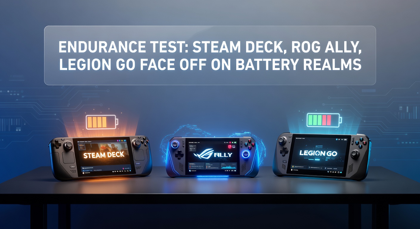 Steam Deck OLED, ROG Ally X, and Legion Go handhelds lined up on a testing bench, screens glowing with benchmark games, batteries charging in the background