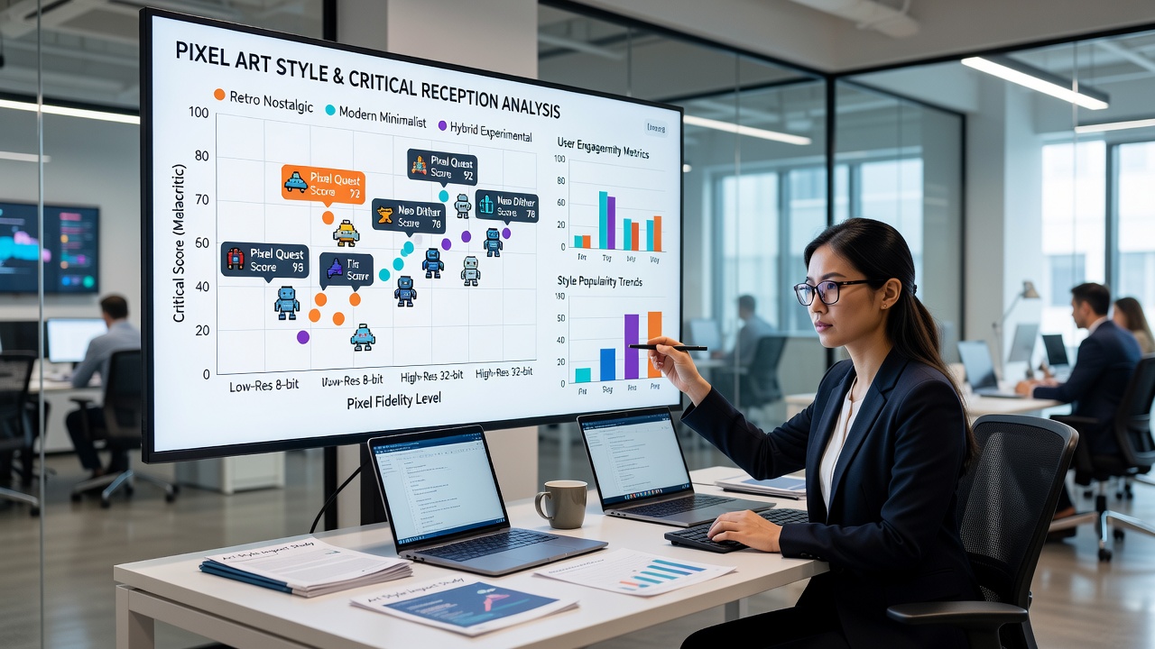 Indie developers reviewing art style mockups on multiple monitors during production