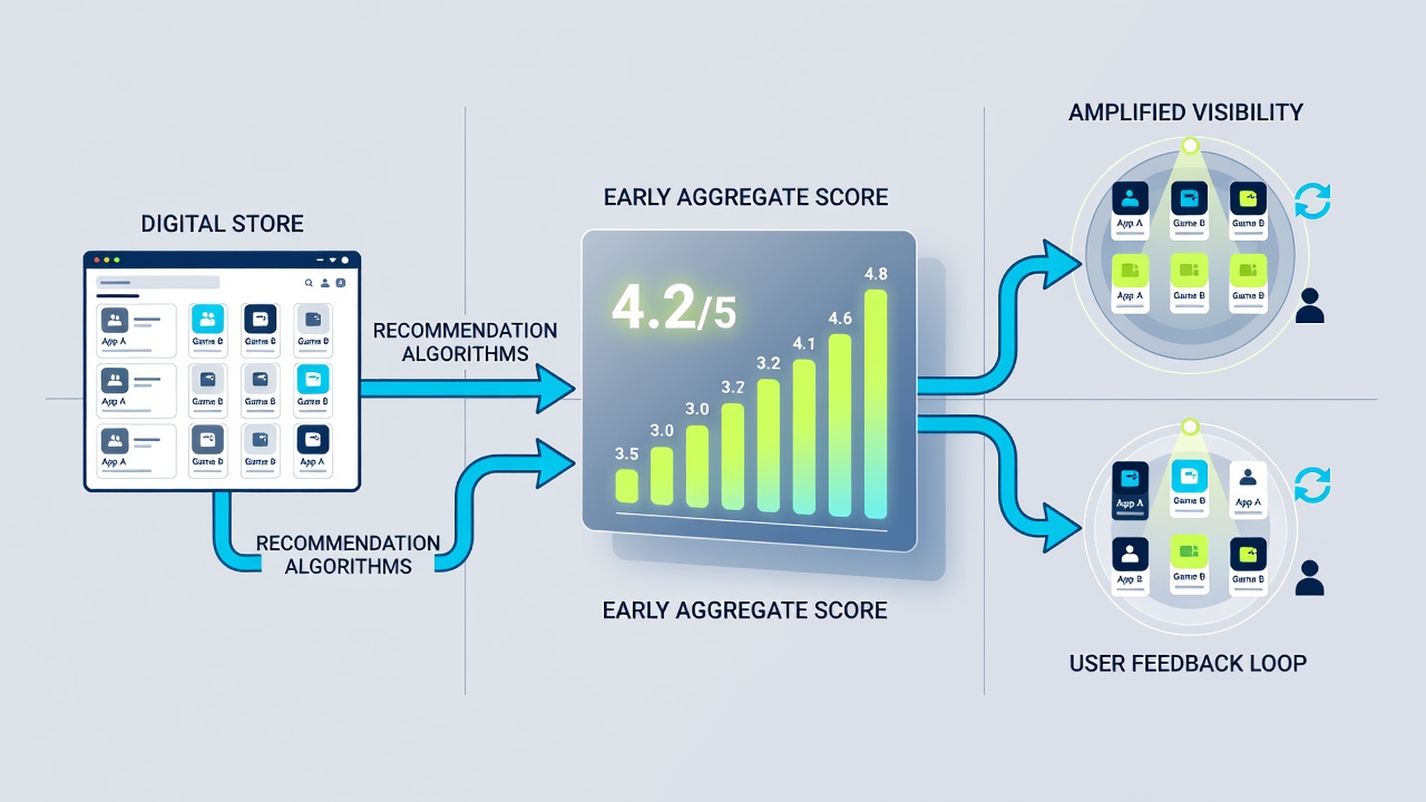 Analytics dashboard comparing recommendation exposure metrics and aggregate score trends for mid-sized game releases