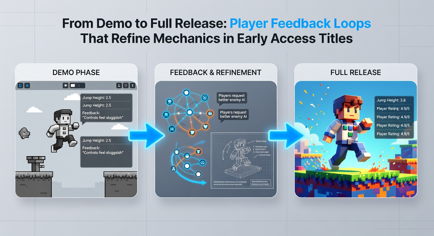 Early Access game development team reviewing player feedback data on mechanics adjustments