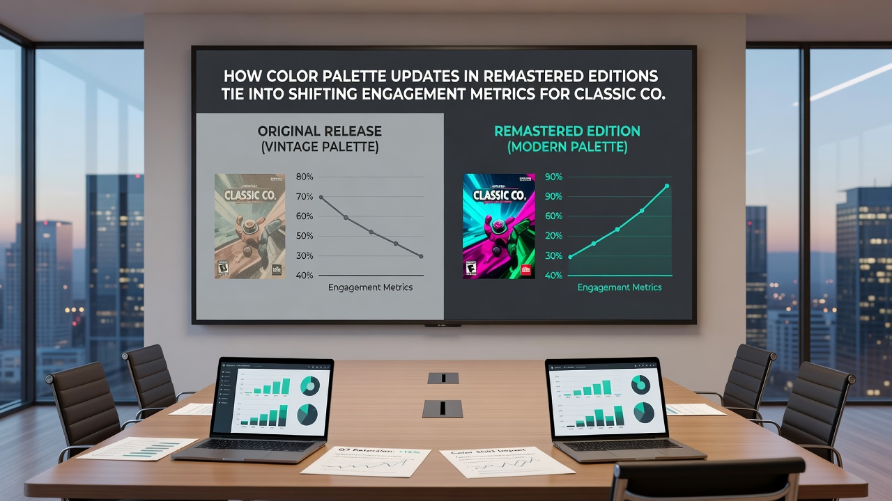 Charts displaying engagement metric changes by region following color palette updates in classic game remasters