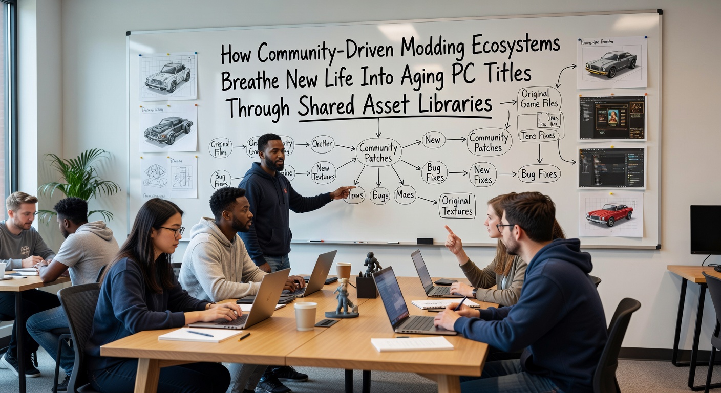 Developers reviewing balance spreadsheets and mod code together during a virtual collaboration session