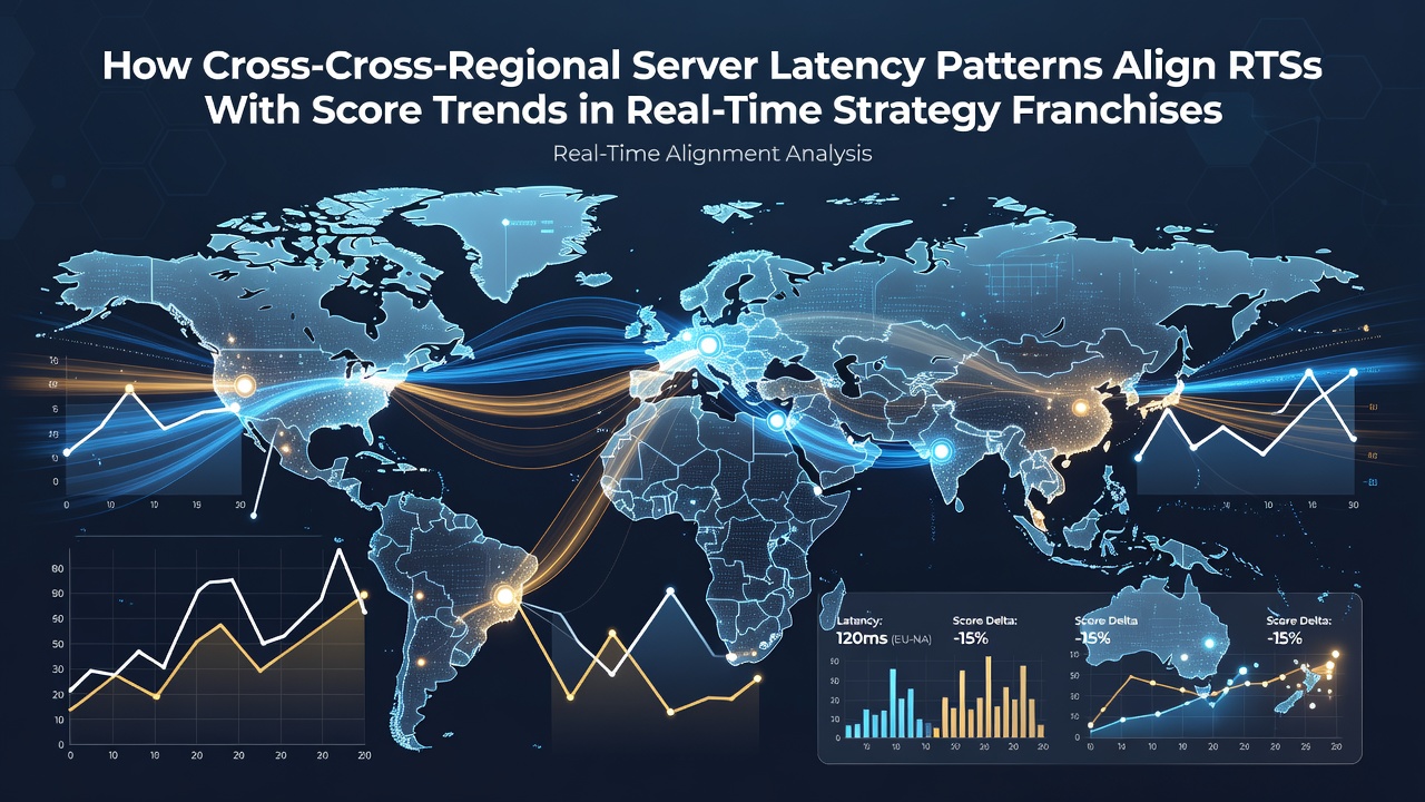 Global map overlay showing server latency heat zones alongside RTS score distribution charts from major franchises