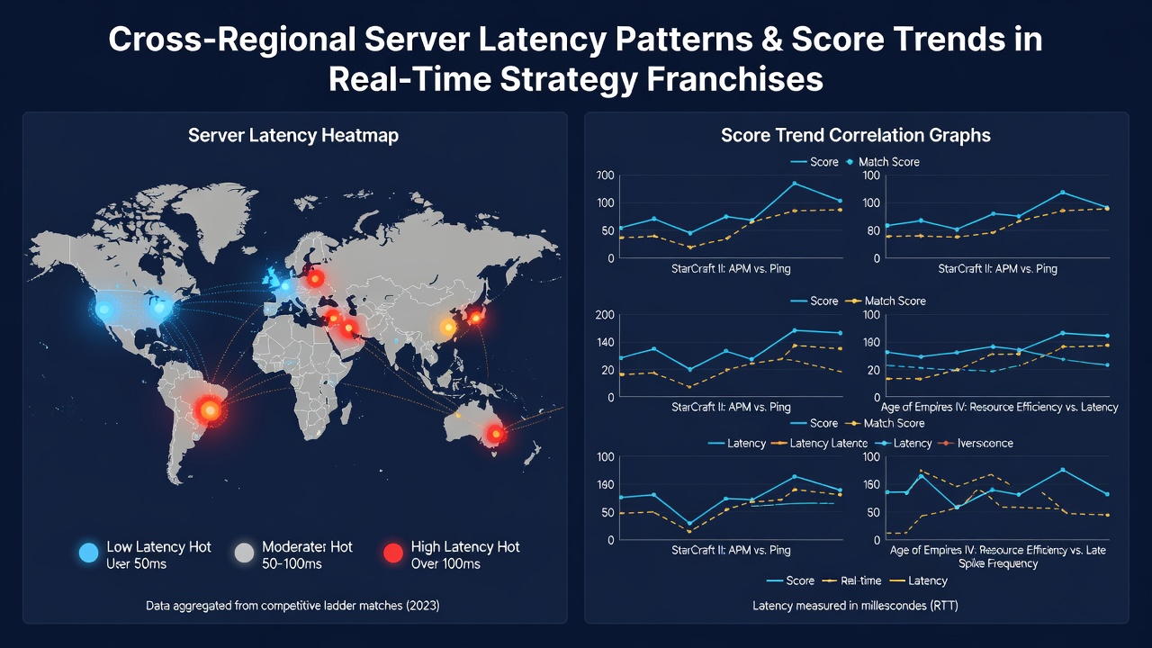 Side-by-side comparison charts of RTS player scores grouped by latency ranges across North America, Europe, and Asia-Pacific regions