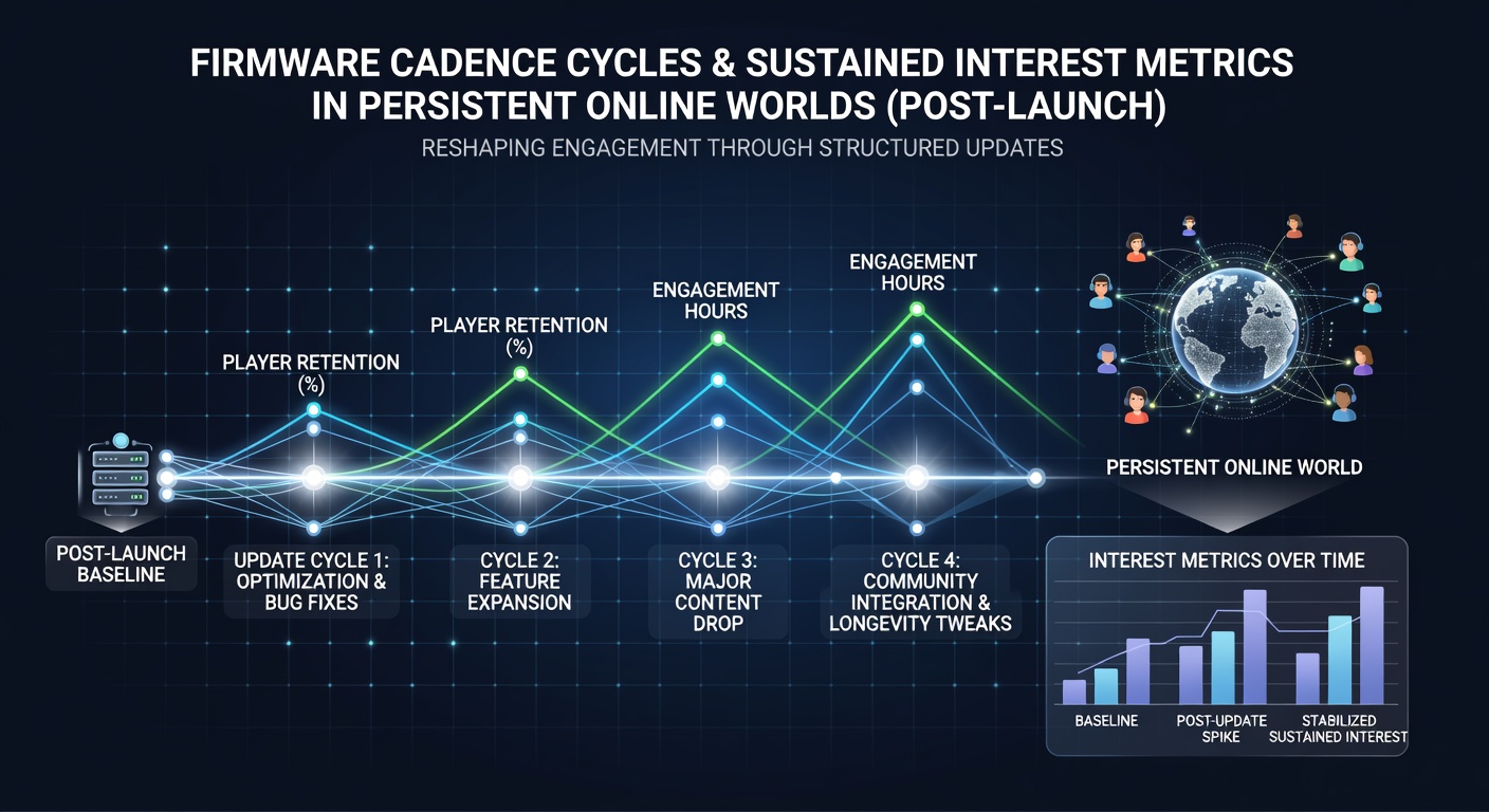 Graphical representation of firmware update timelines and their correlation with player activity curves in ongoing virtual environments