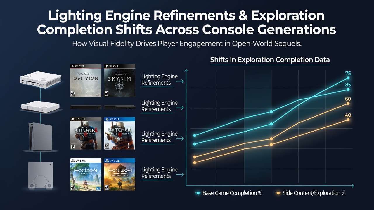 Comparative visualization of lighting engine advancements in open-world game sequels from early to current console generations