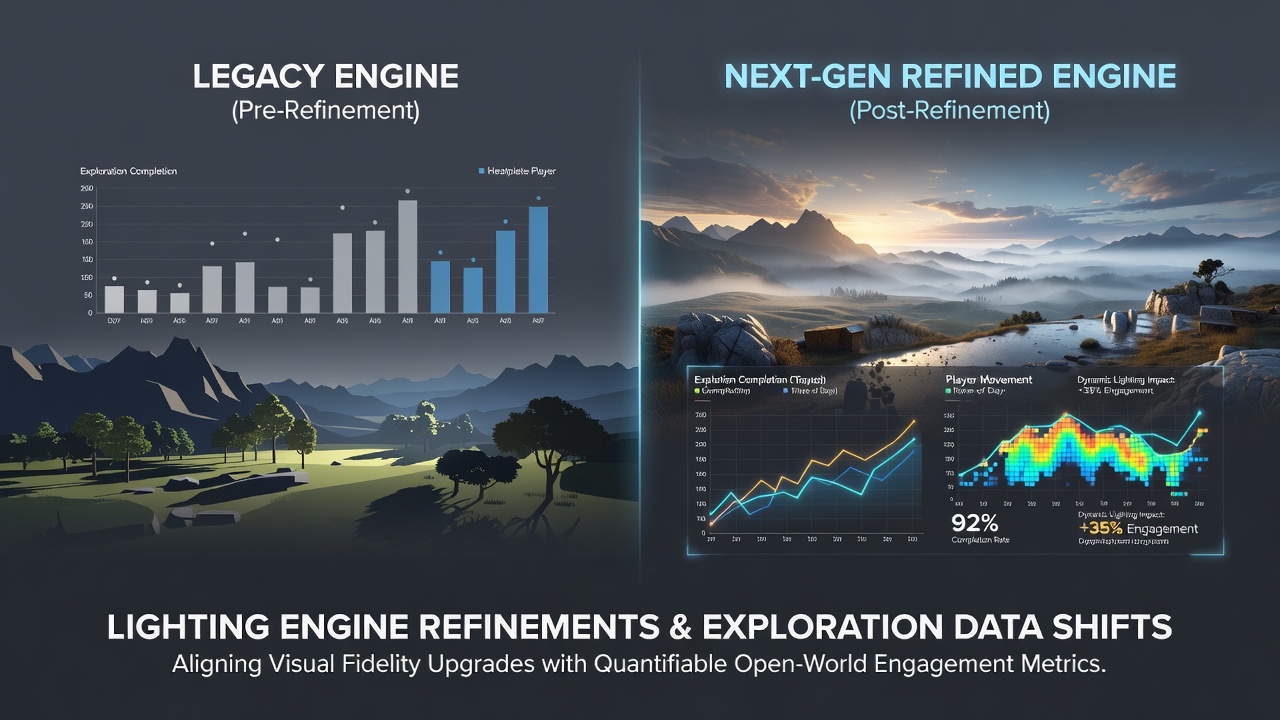Data charts illustrating exploration completion percentages alongside lighting technology milestones in open-world sequels