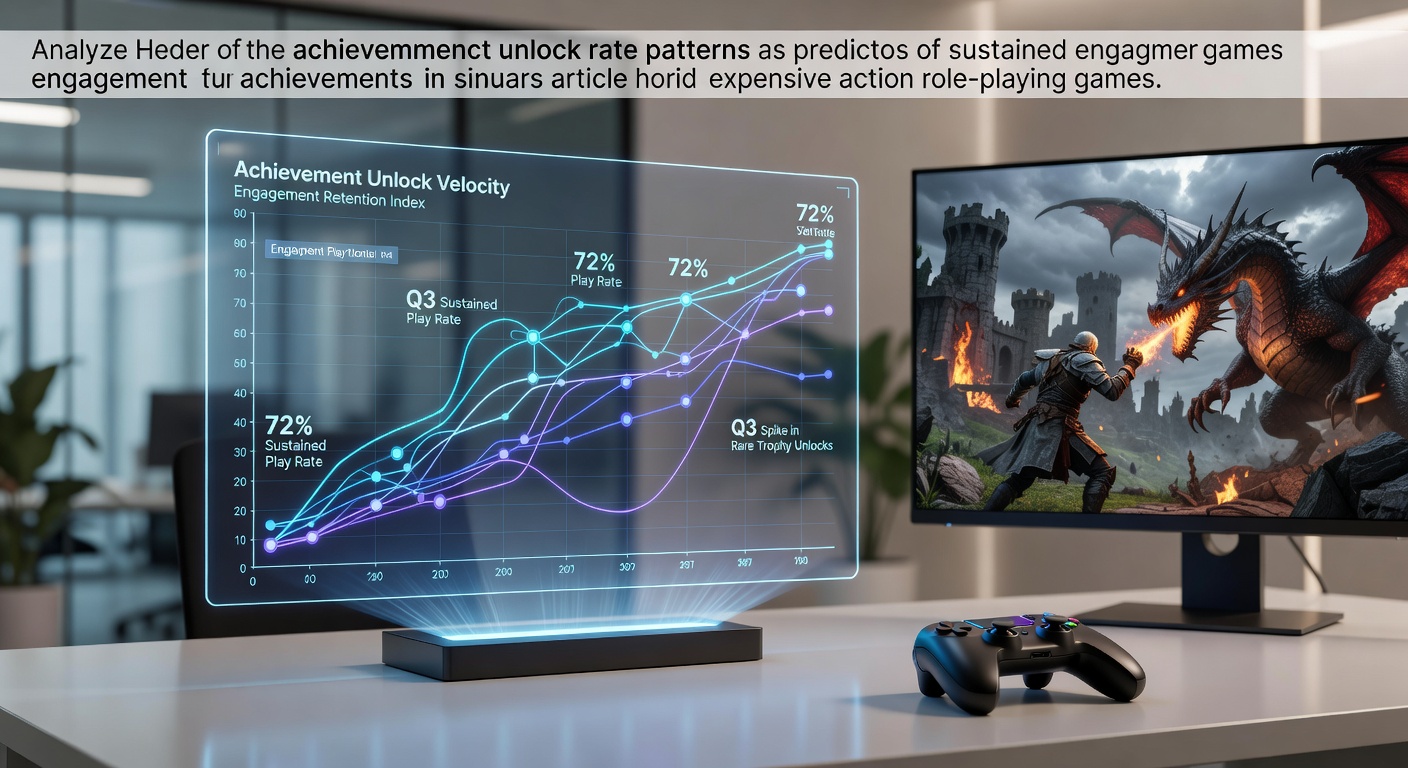 Data visualization showing achievement unlock rates over time in action role-playing games, with engagement metrics plotted alongside player retention curves