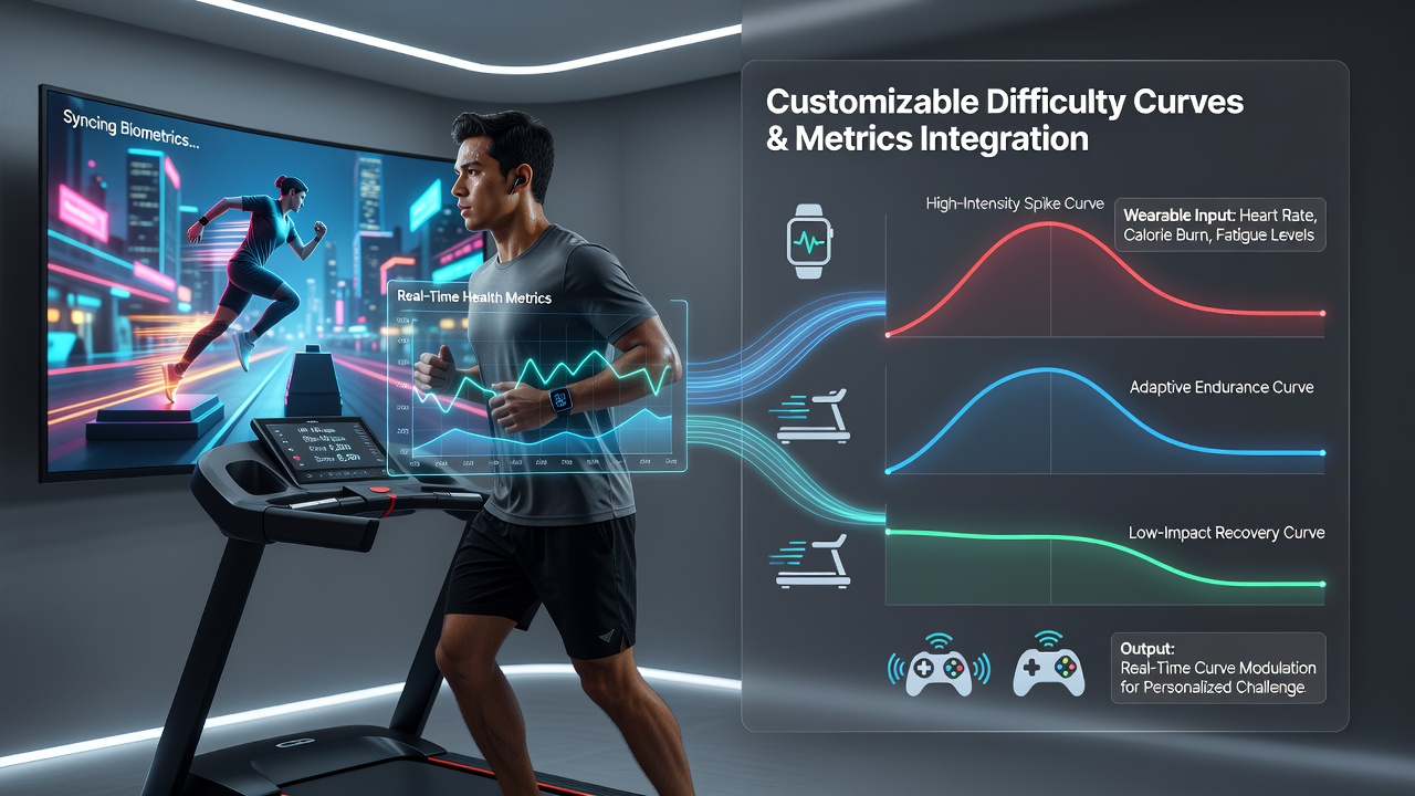 Interactive difficulty curve editor showing sliders for heart rate zones and movement intensity mapped to game challenge levels