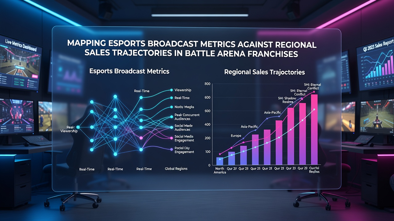 Regional sales trajectories plotted next to esports viewership trends for console-shifting battle arena games