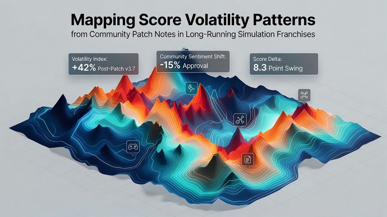Visualization of score volatility trends overlaid with patch note timelines from major simulation franchises