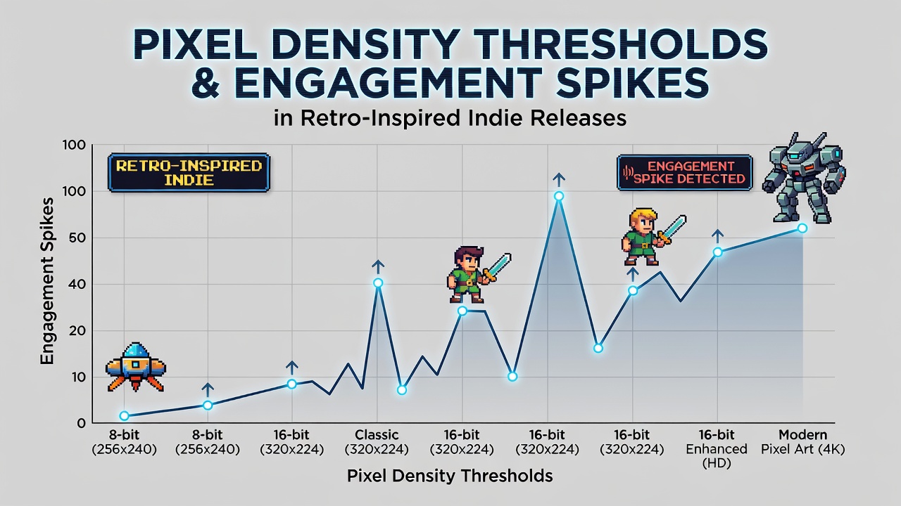 Retro-inspired indie game pixel art displayed across varying screen densities with engagement data overlays