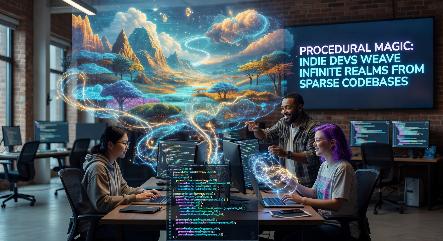 Indie developer coding procedural generation algorithms on a laptop, surrounded by vibrant, algorithmically generated game worlds unfolding on multiple screens