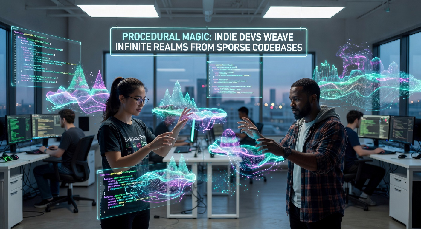 Vibrant screenshot of a procedurally generated indie game world, featuring diverse biomes transitioning from lush forests to jagged mountains under a dynamic sky