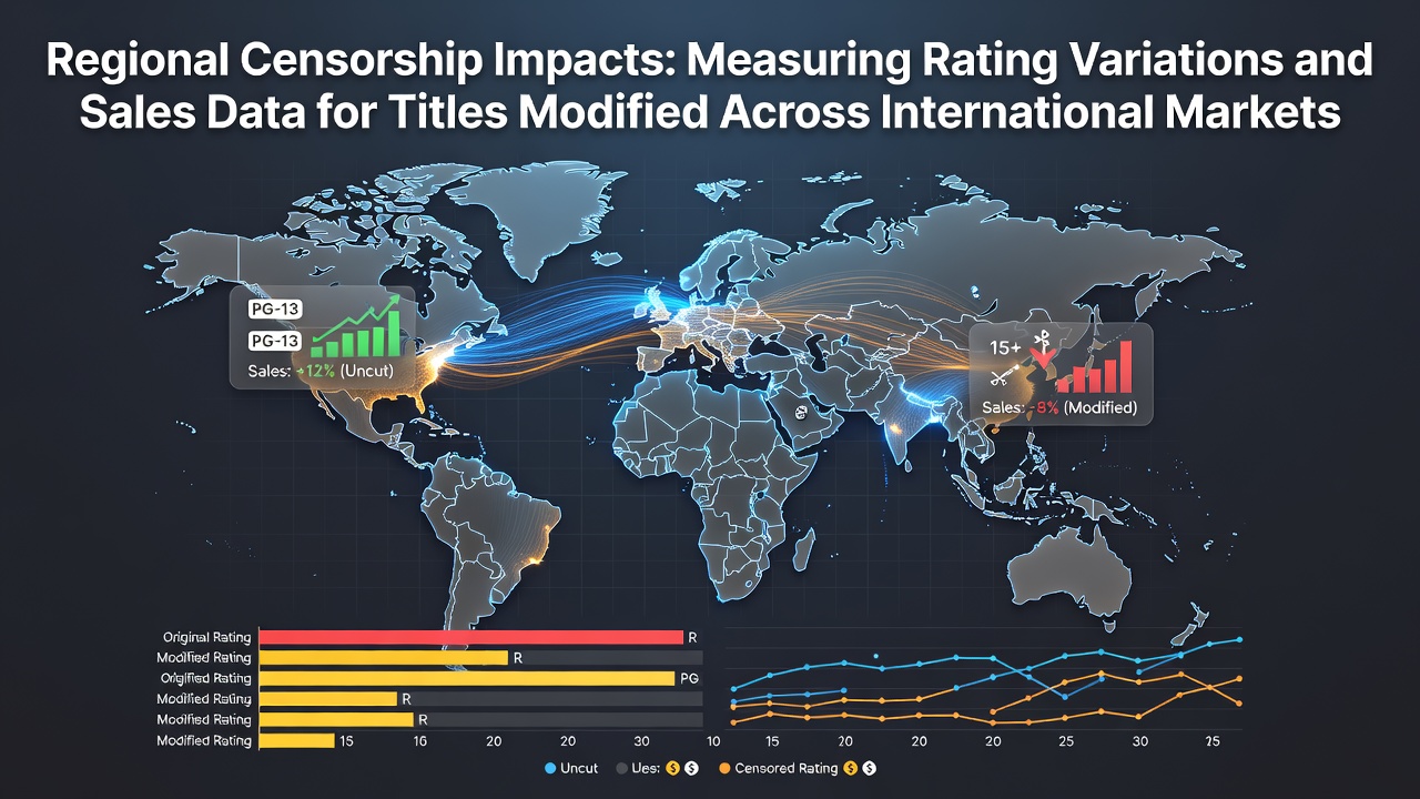 Comparative chart showing rating differences and sales figures for modified video game titles across US, Europe, and Asia markets