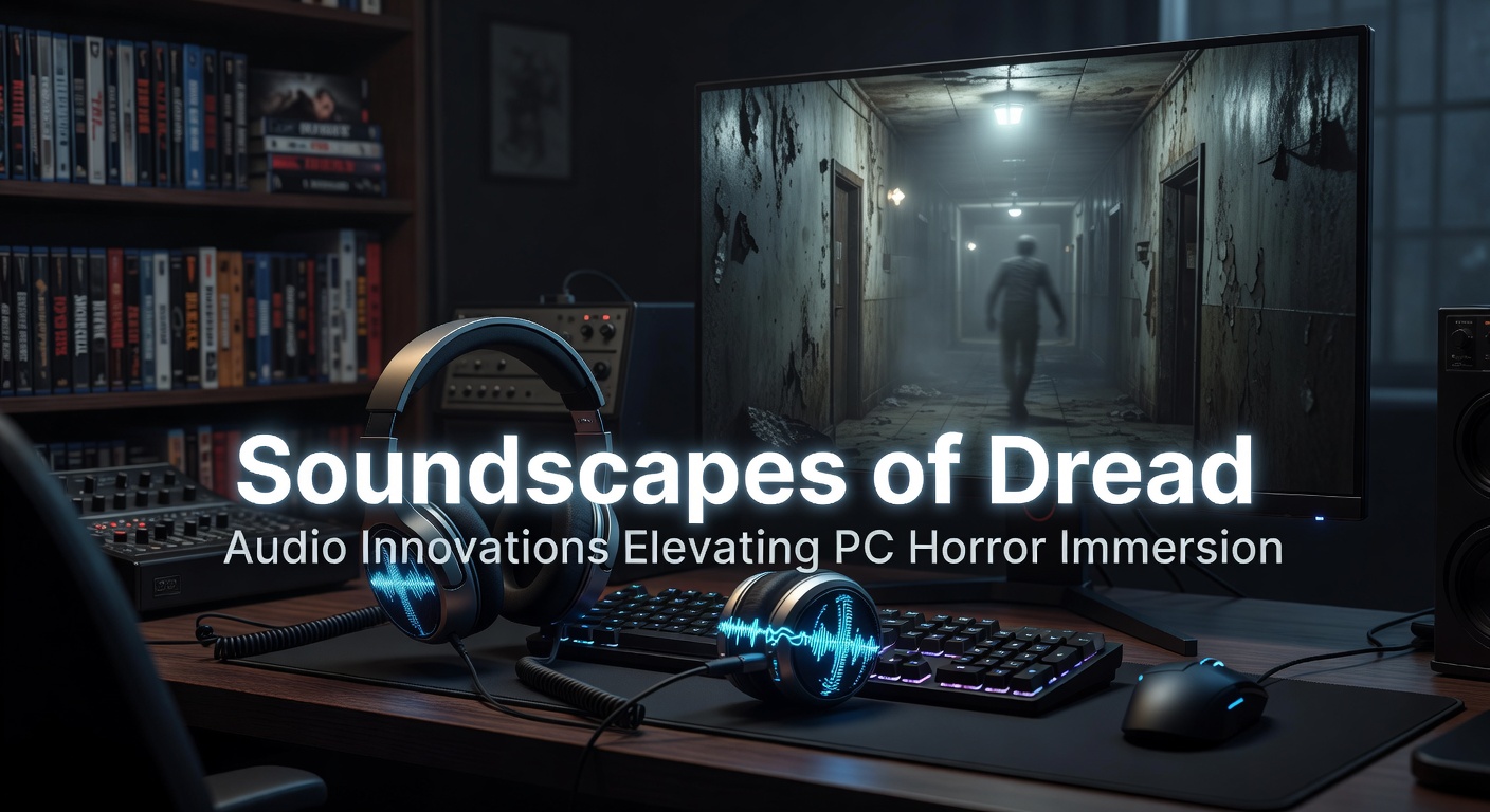 A dimly lit in-game scene from a PC horror title, showcasing eerie shadows and subtle audio waveforms overlayed to represent immersive sound design