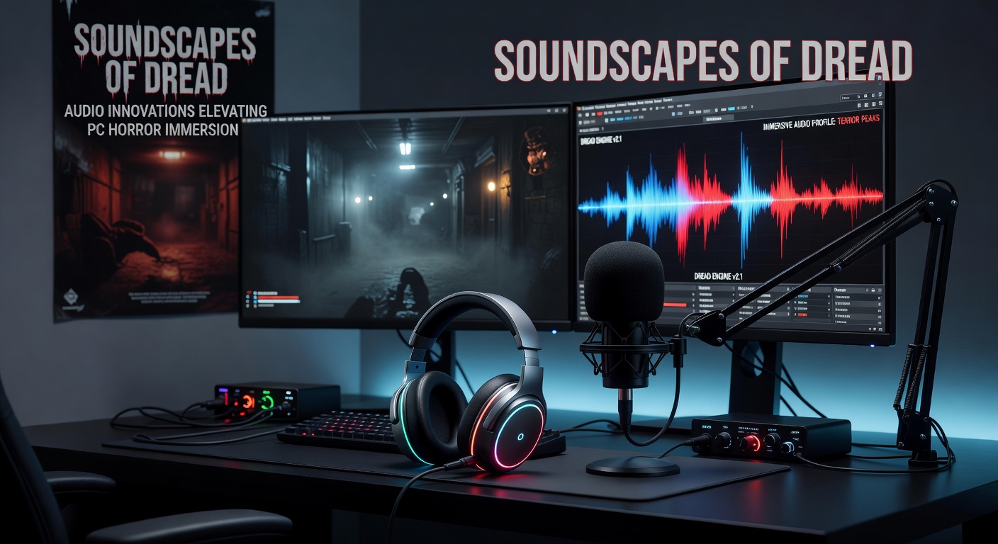 Waveform visualization of procedural horror audio in a PC game, with glowing red peaks representing dynamic dread sounds amid a foggy, abandoned asylum interior