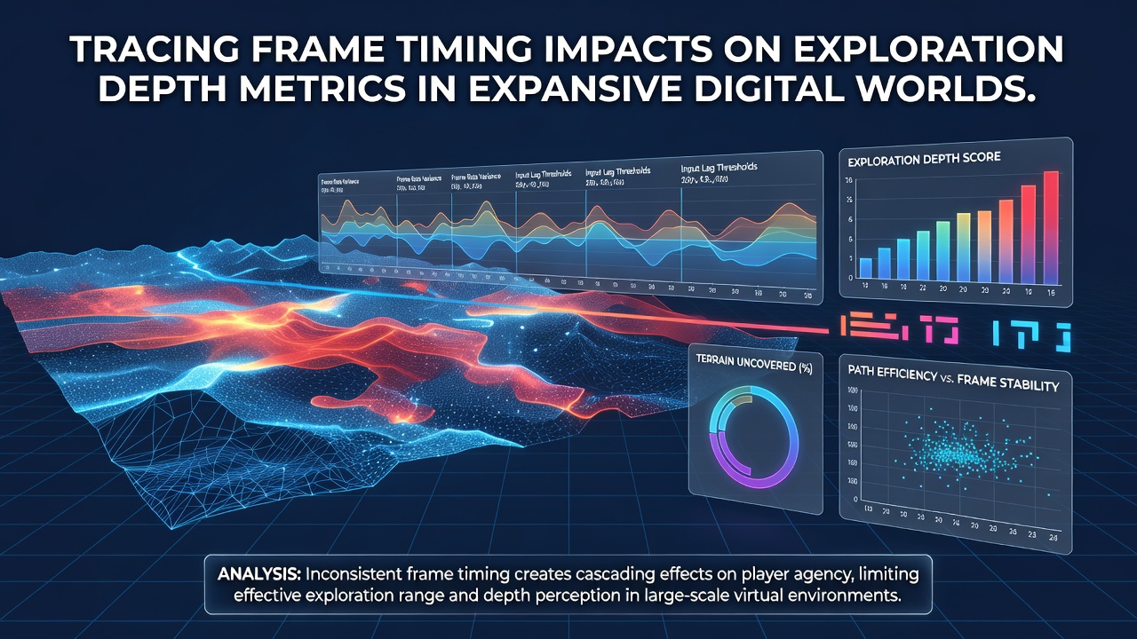 Detailed chart displaying frame timing graphs alongside exploration heatmaps from multiple expansive game sessions