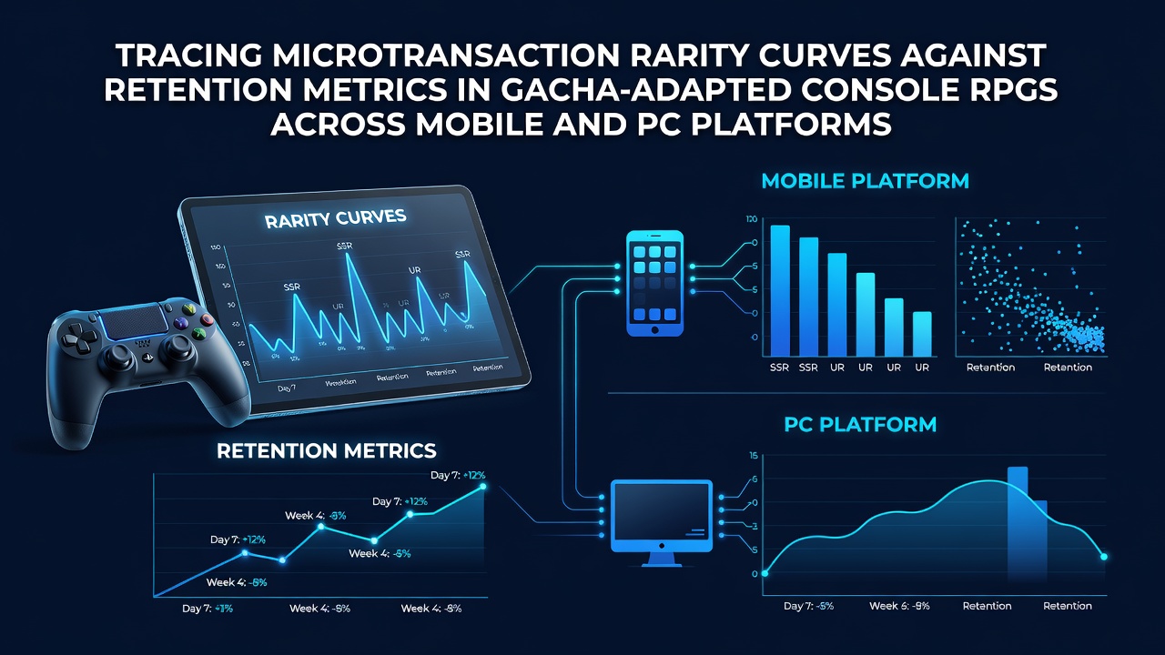 Graph showing microtransaction rarity curves plotted against player retention metrics in gacha RPGs on mobile and PC