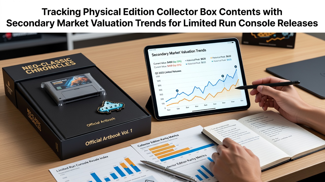 Collector box contents spread out on a table including game cartridge, art book, and steelcase for a limited run console release