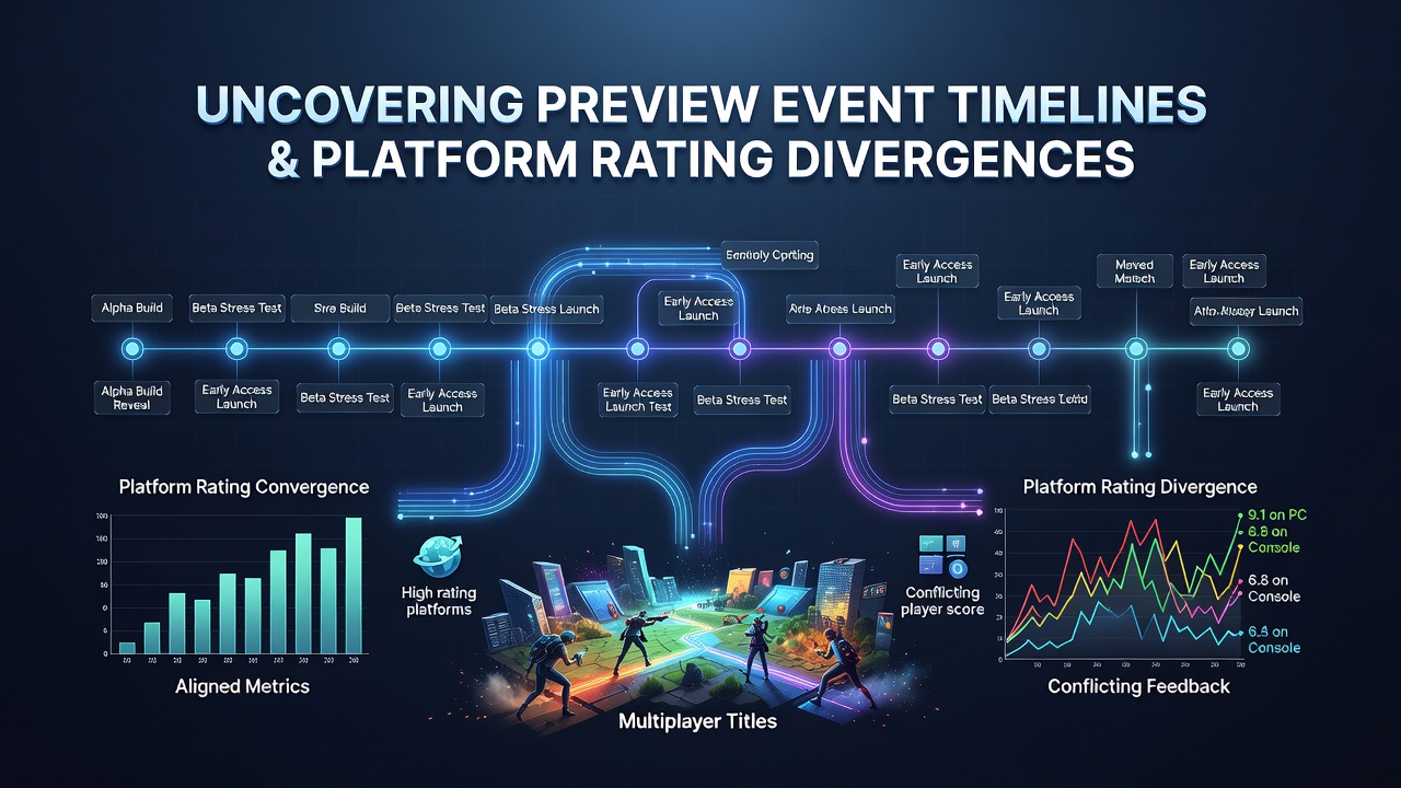 Timeline chart showing preview events and rating shifts across gaming platforms for multiplayer titles