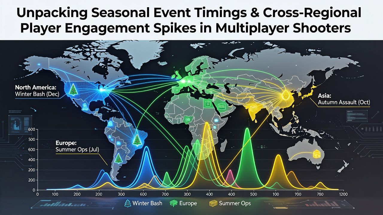 Global map overlay showing player engagement spikes in multiplayer shooters during seasonal events across different regions